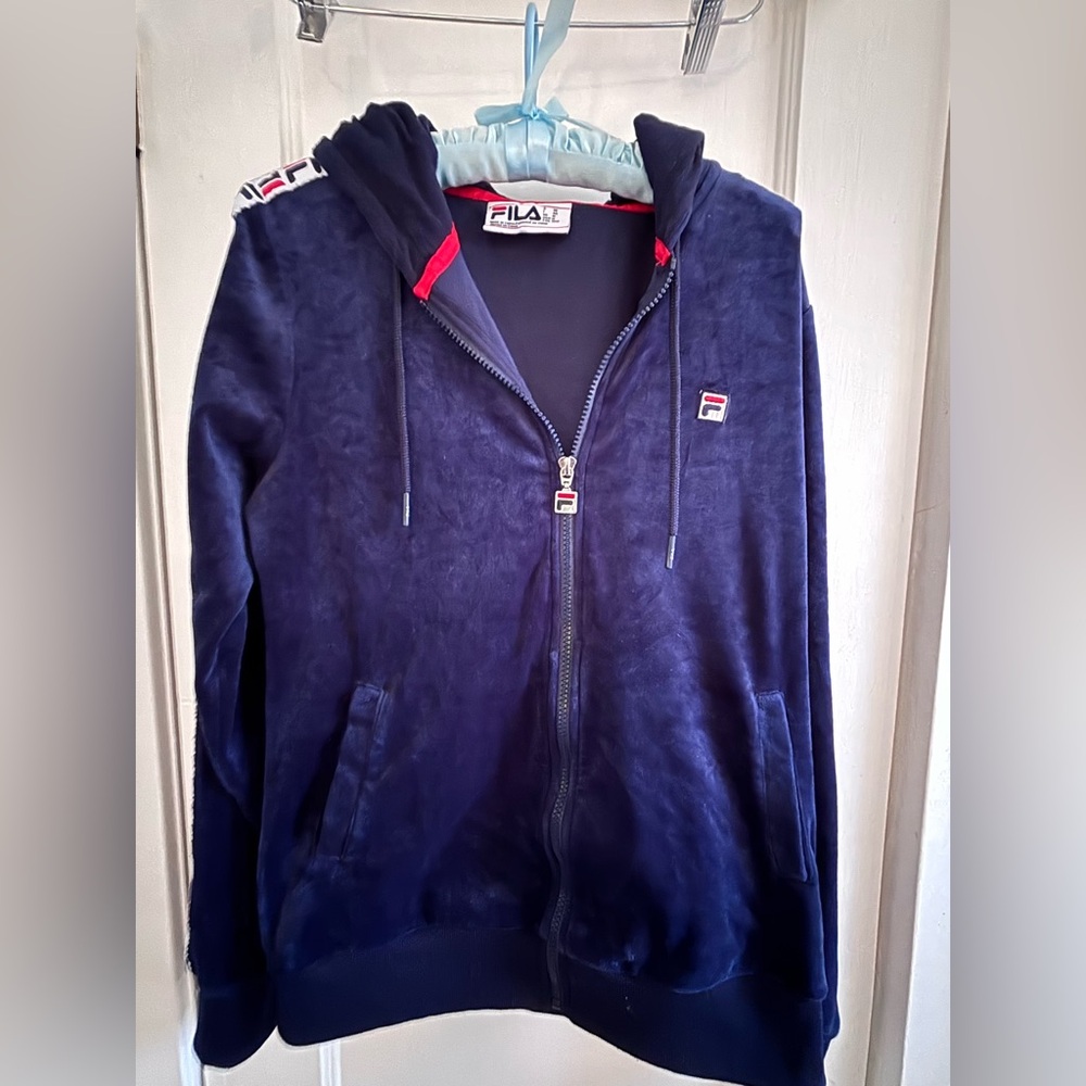 FILA Velour Hoodie Full Zip Long Sleeve Navy Blue SZ M Retro Y2K style